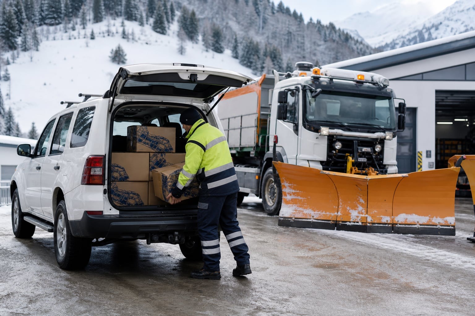 Livraison de chaînes sur un site d'exploitation hivernale